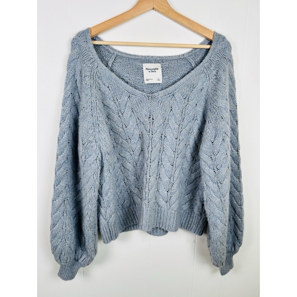 Abercrombie & Fitch Large Blue Chunky‎ Cable Knit Sweater Crop Balloon Sleeve